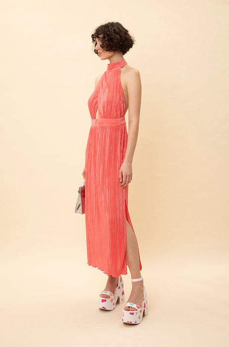 HALTER-NECK PLEATED DRESS CORAL