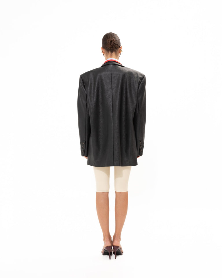 BLACK FAUX LEATHER BLAZER