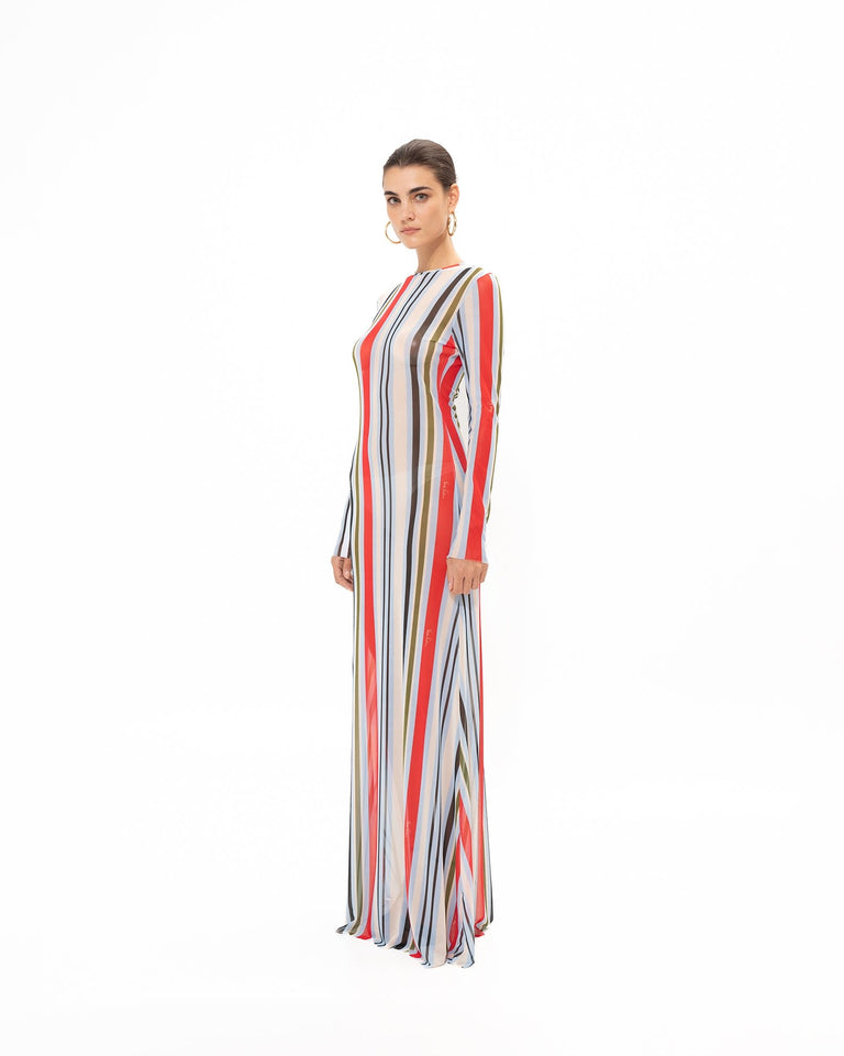 RED STRIPED MESH DRESS