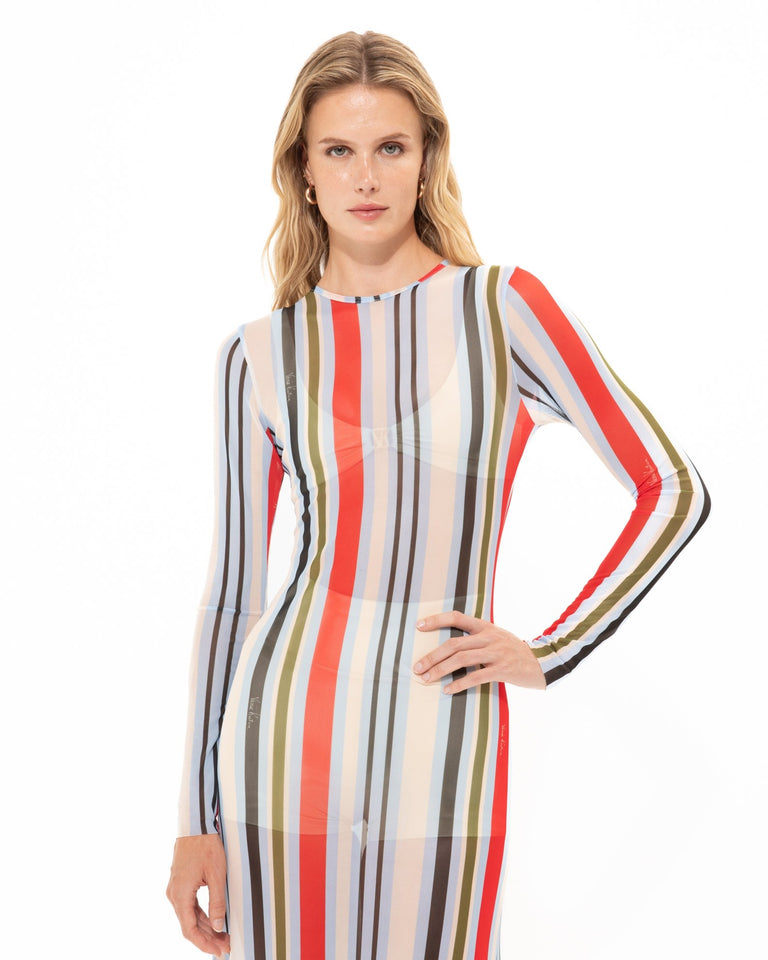 RED STRIPED MESH DRESS