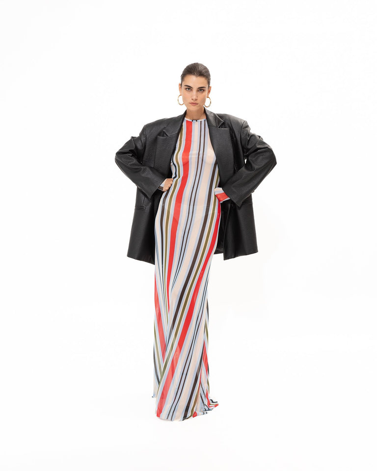 RED STRIPED MESH DRESS