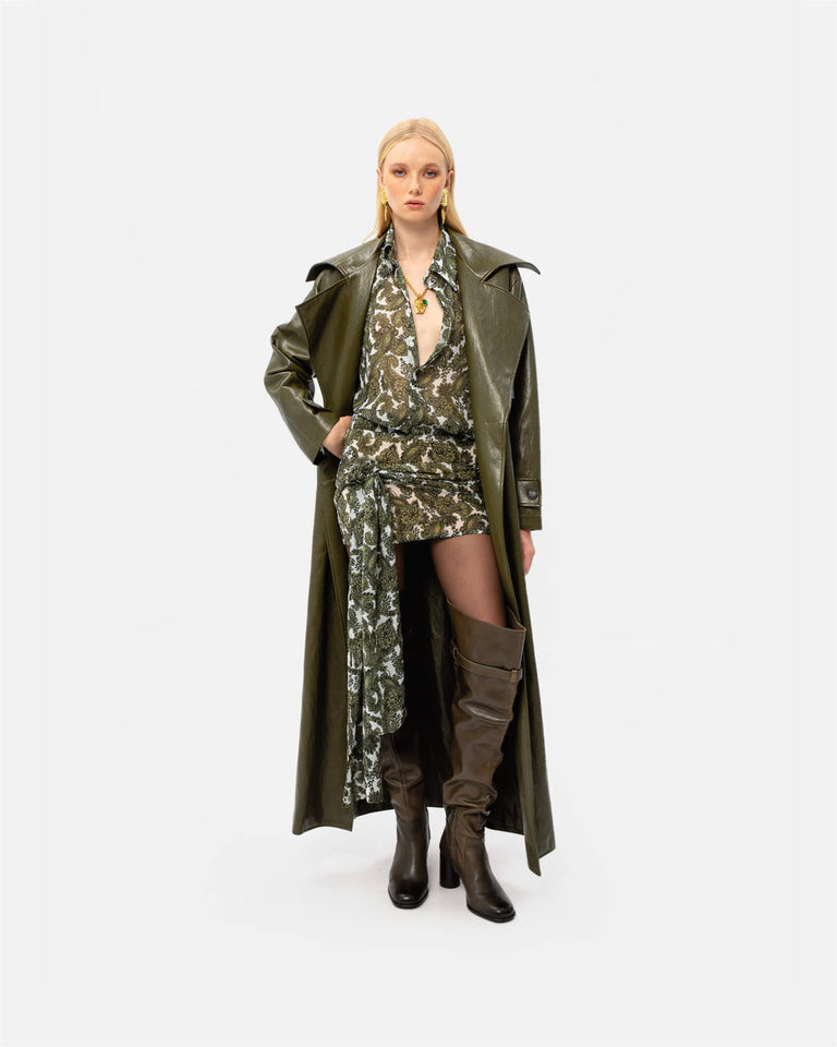 KHAKI FAUX LEATHER TRENCH COAT