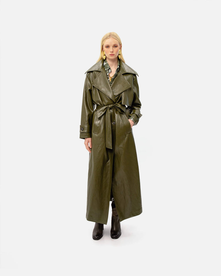 KHAKI FAUX LEATHER TRENCH COAT