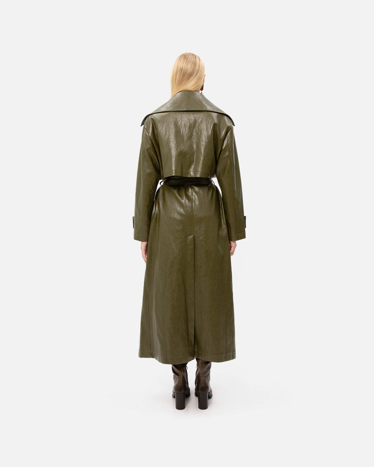 KHAKI FAUX LEATHER TRENCH COAT