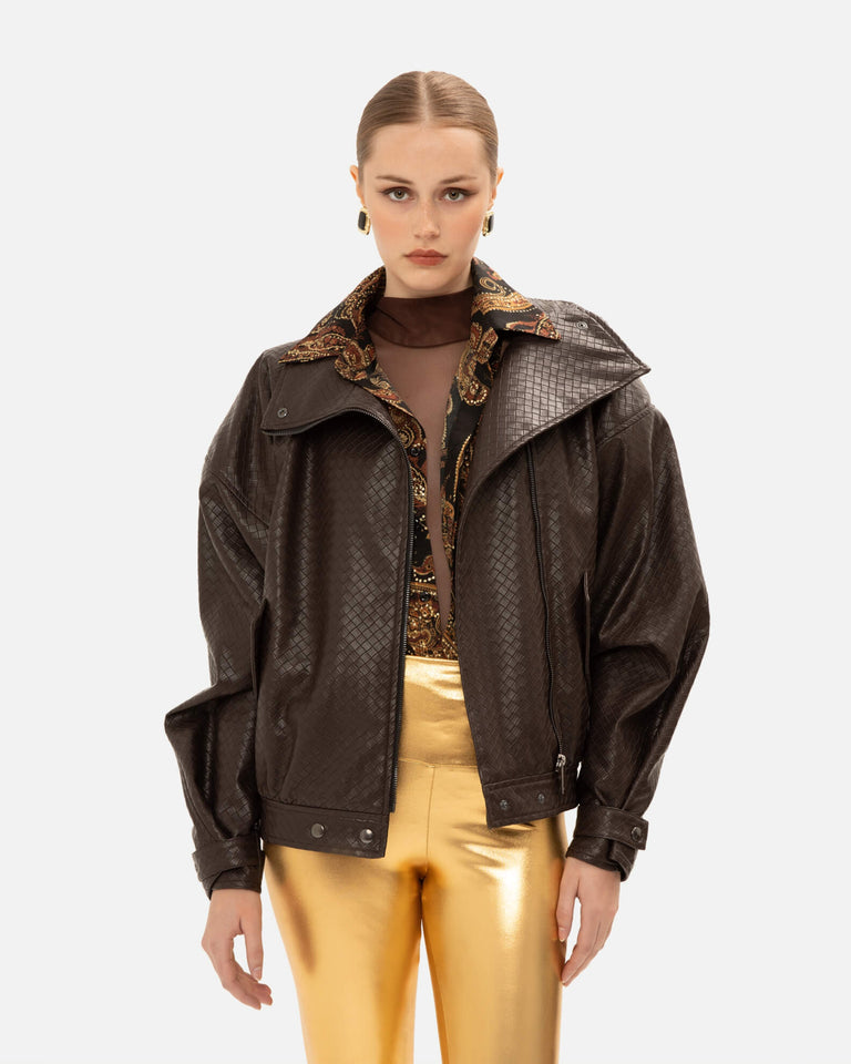 BROWN PANAMA WEAVE FAUX LEATHER JACKET