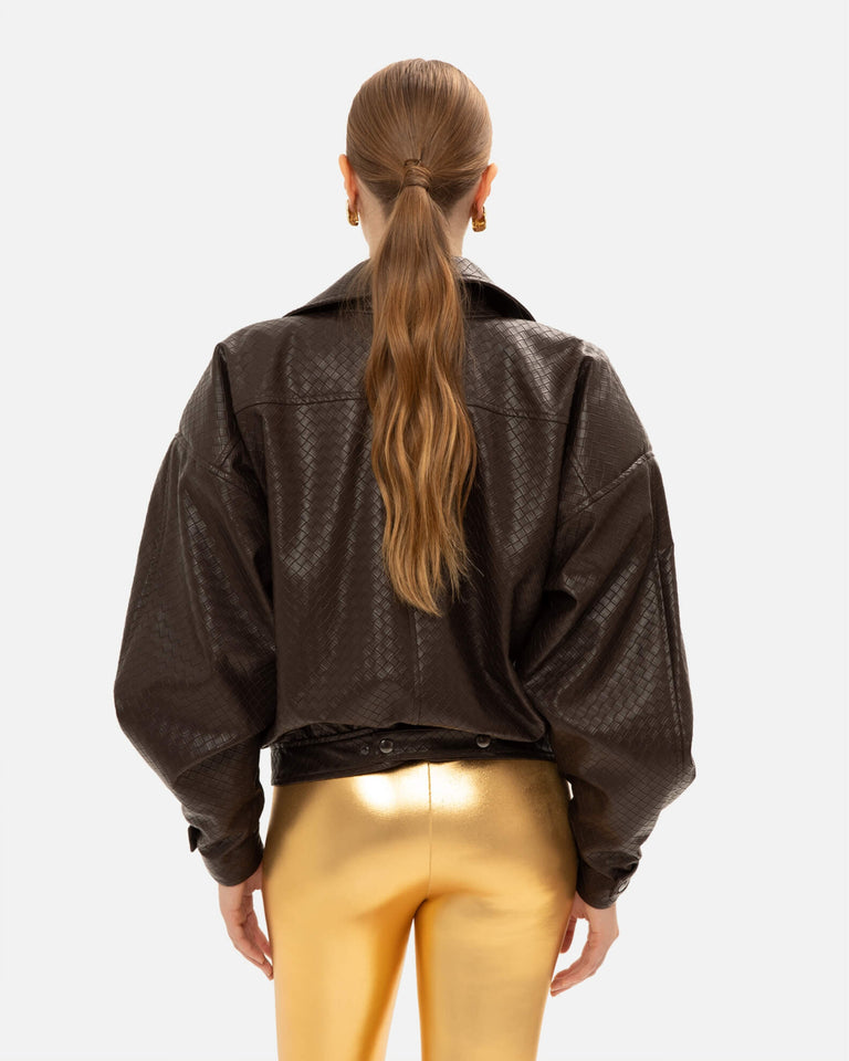 BROWN PANAMA WEAVE FAUX LEATHER JACKET