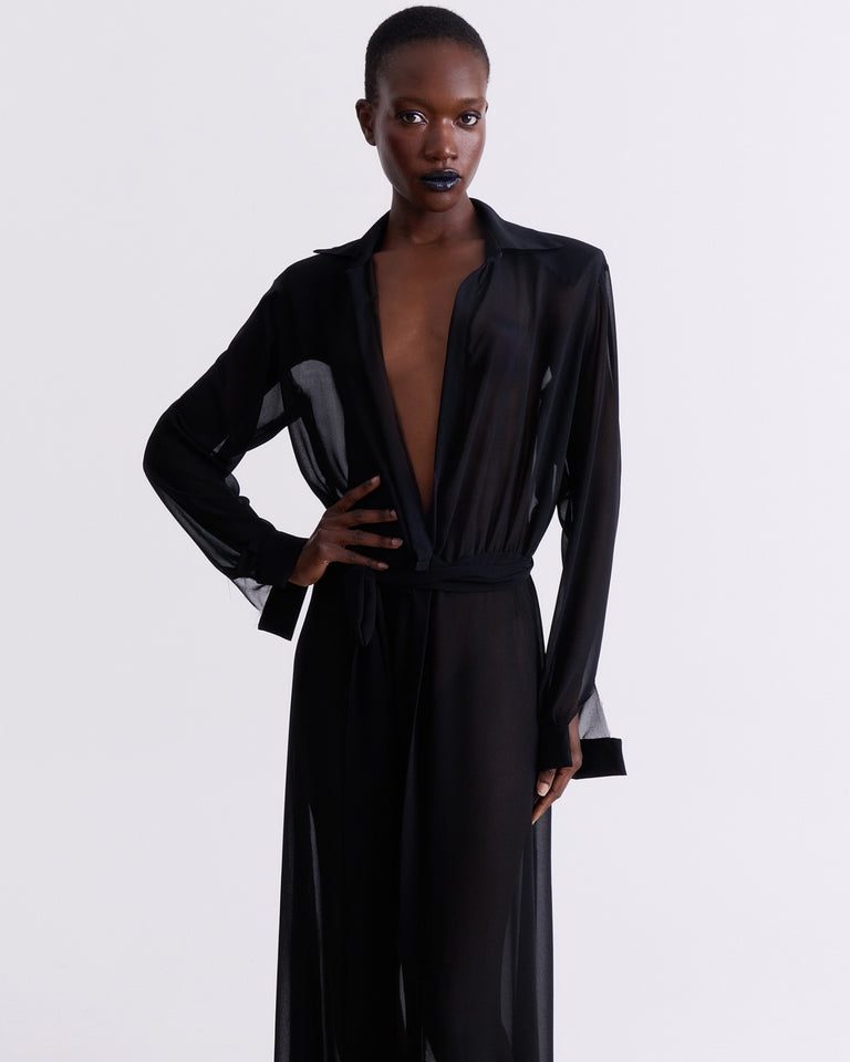 BLACK SILK SHEER MAXI DRESS