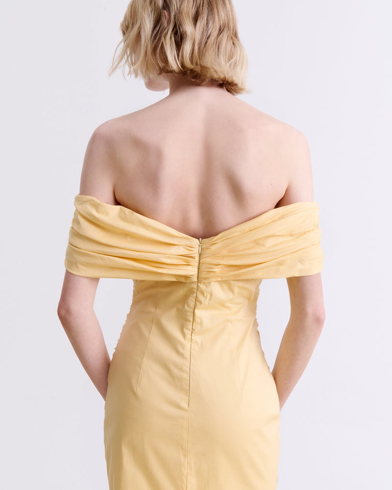 BUTTER YELLOW DRAPED MIDI DRESS