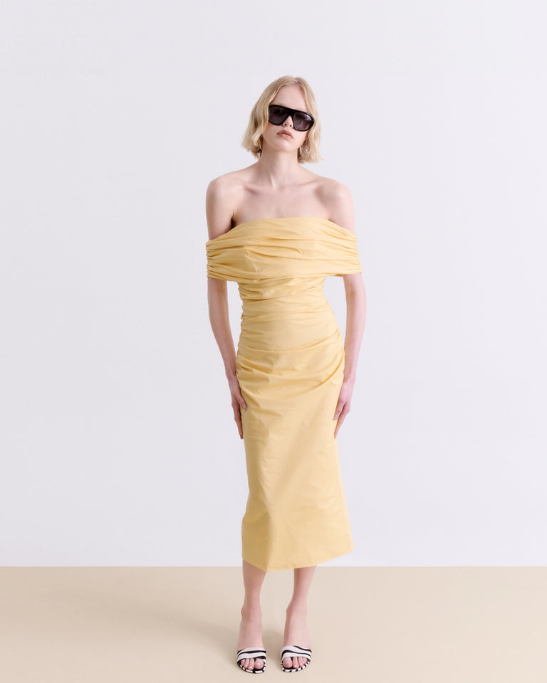 BUTTER YELLOW DRAPED MIDI DRESS