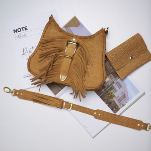 "AERIALS" HONEY SUEDE GOLD SHOULDER BAG