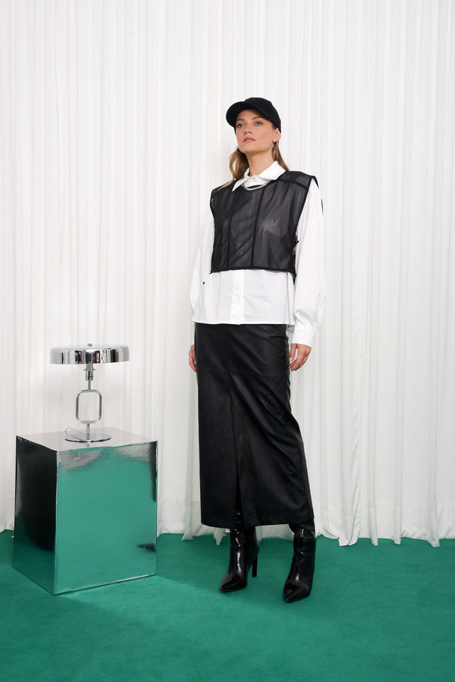 PURPOSE FAUX LEATHER MIDI SKIRT |BLACK