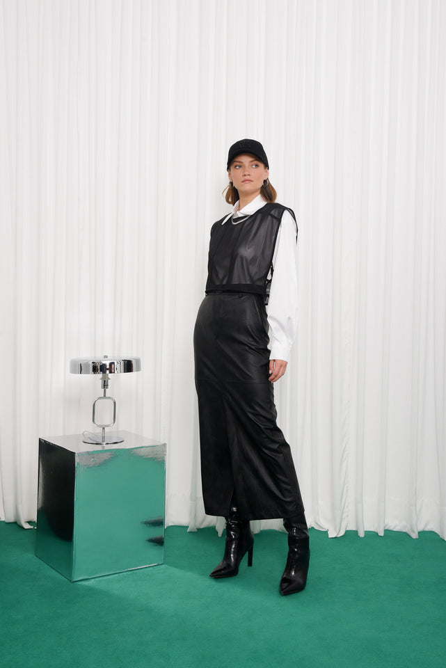 PURPOSE FAUX LEATHER MIDI SKIRT |BLACK