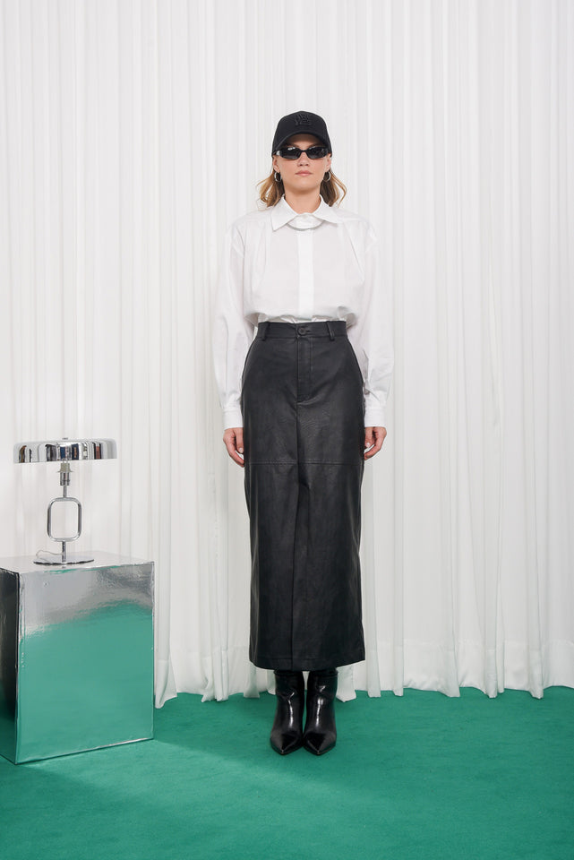 PURPOSE FAUX LEATHER MIDI SKIRT |BLACK