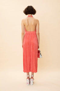 HALTER-NECK PLEATED DRESS CORAL