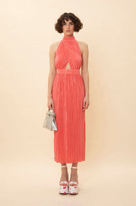 HALTER-NECK PLEATED DRESS CORAL