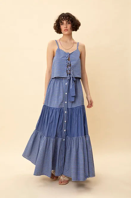 TIERED STRIPED BUTTONED MAXI SKIRT