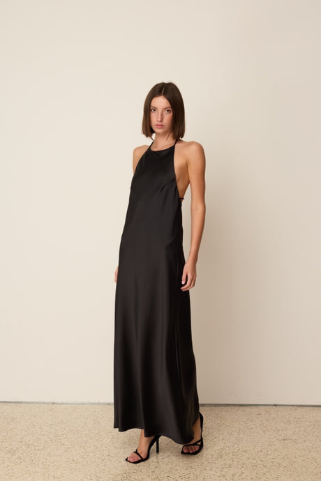 BLACK DRAPED SATIN DRESS