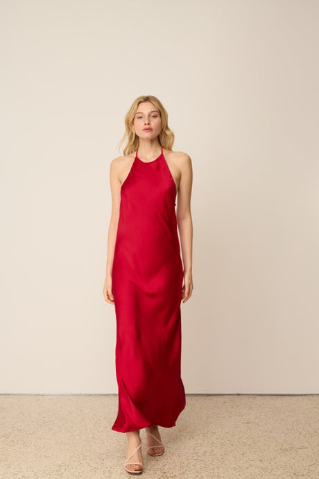 RED DRAPED SATIN DRESS