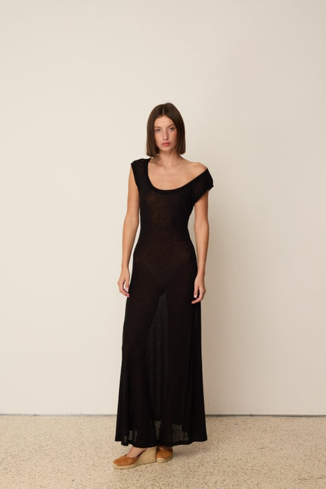 KNIT LINEN FLARED DRESS BLACK