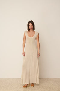 BEIGE KNITTED LINEN FLARED DRESS