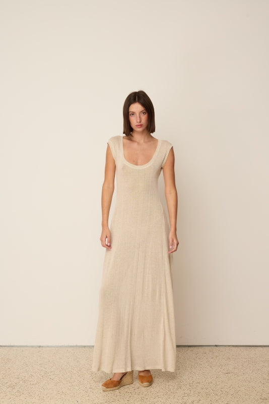BEIGE KNITTED LINEN FLARED DRESS