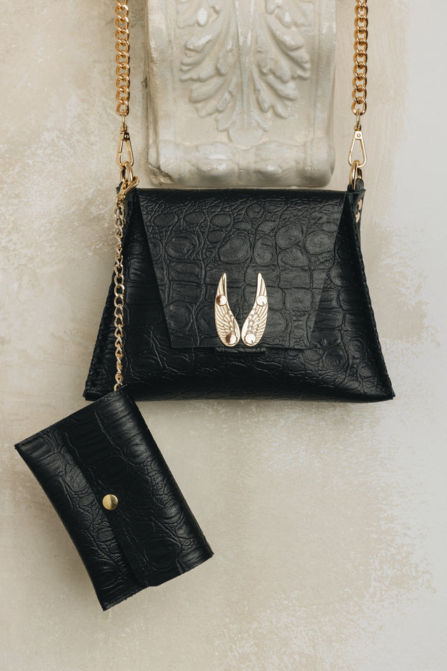"WINGS" SMALL BLACK GOLD SHOULDER BAG