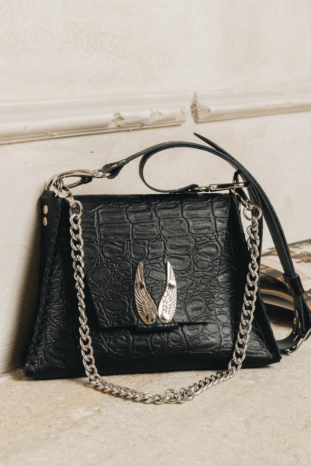 "WINGS" SMALL BLACK NICKEL SHOULDER BAG