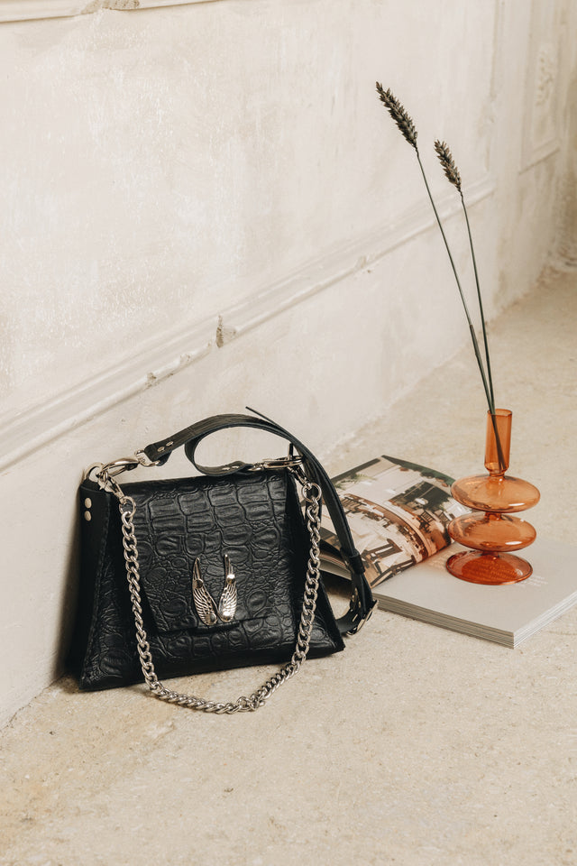 "WINGS" SMALL BLACK NICKEL SHOULDER BAG