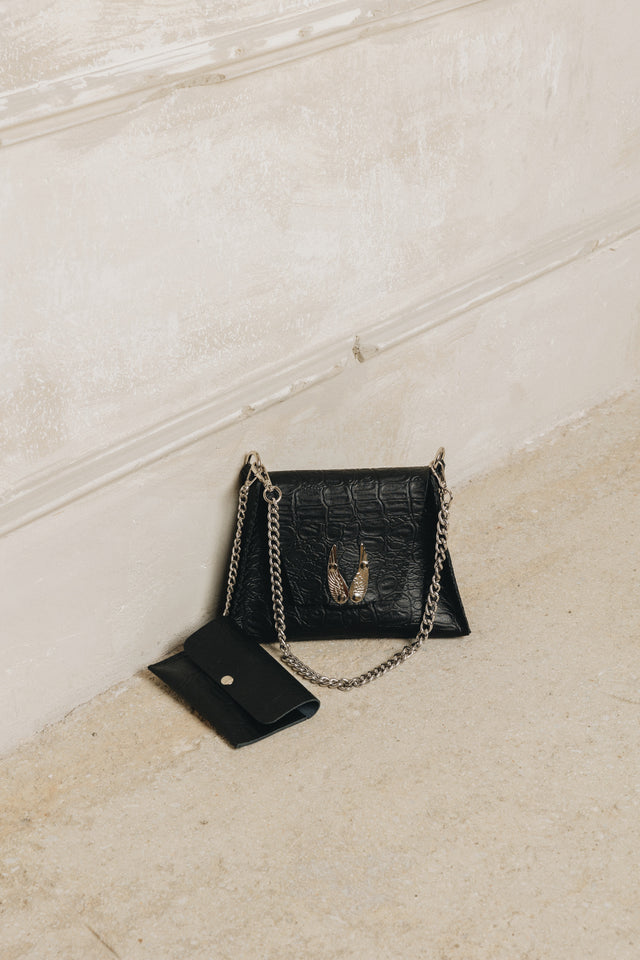 "WINGS" SMALL BLACK NICKEL SHOULDER BAG