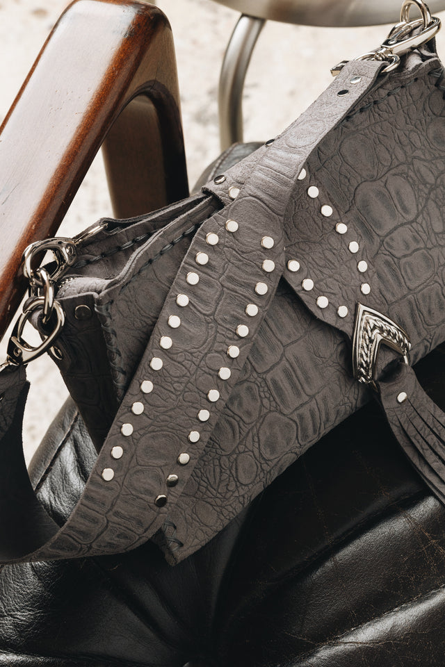 "I AM LOVE" GREY SUEDE NICKEL SHOULDER BAG
