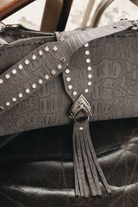 "I AM LOVE" GREY SUEDE NICKEL SHOULDER BAG