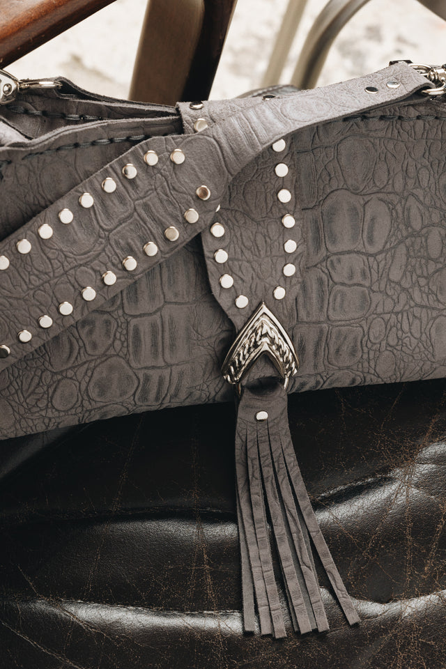 "I AM LOVE" GREY SUEDE NICKEL SHOULDER BAG