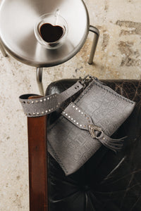 "I AM LOVE" GREY SUEDE NICKEL SHOULDER BAG