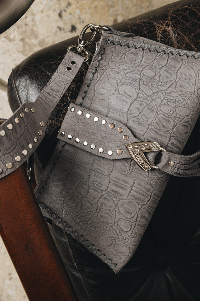 "I AM LOVE" GREY SUEDE NICKEL SHOULDER BAG