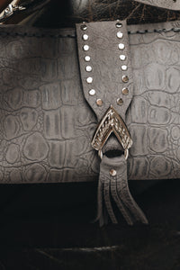 "I AM LOVE" GREY SUEDE NICKEL SHOULDER BAG