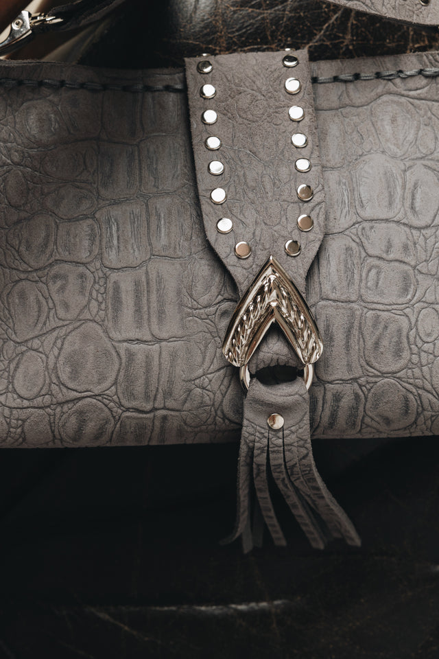 "I AM LOVE" GREY SUEDE NICKEL SHOULDER BAG