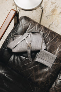 "I AM LOVE" GREY SUEDE NICKEL SHOULDER BAG