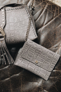 "I AM LOVE" GREY SUEDE NICKEL SHOULDER BAG