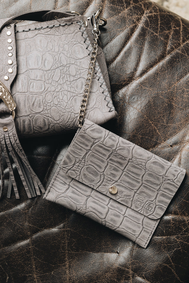 "I AM LOVE" GREY SUEDE NICKEL SHOULDER BAG