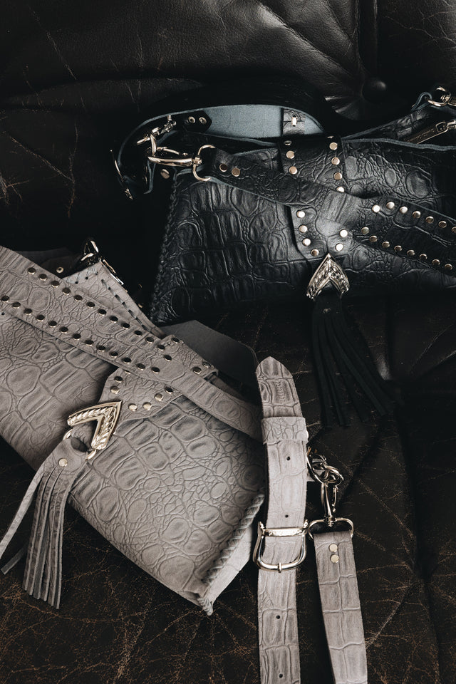 "I AM LOVE" GREY SUEDE NICKEL SHOULDER BAG