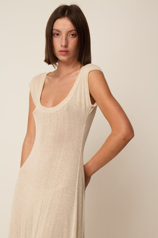 BEIGE KNITTED LINEN FLARED DRESS