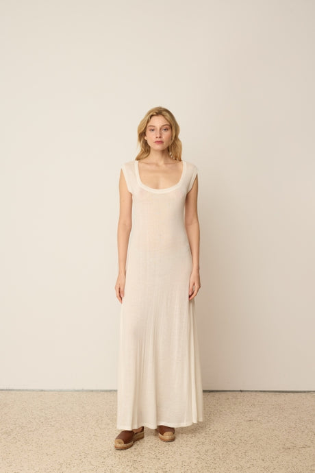 WHITE KNITTED LINEN FLARED DRESS