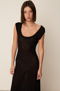 KNIT LINEN FLARED DRESS BLACK