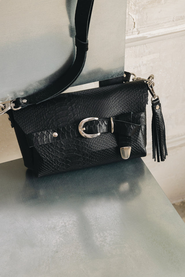 "REGRET ME" BLACK NICKEL SHOULDER BAG