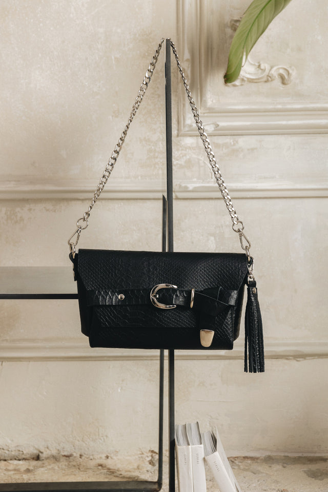 "REGRET ME" BLACK NICKEL SHOULDER BAG