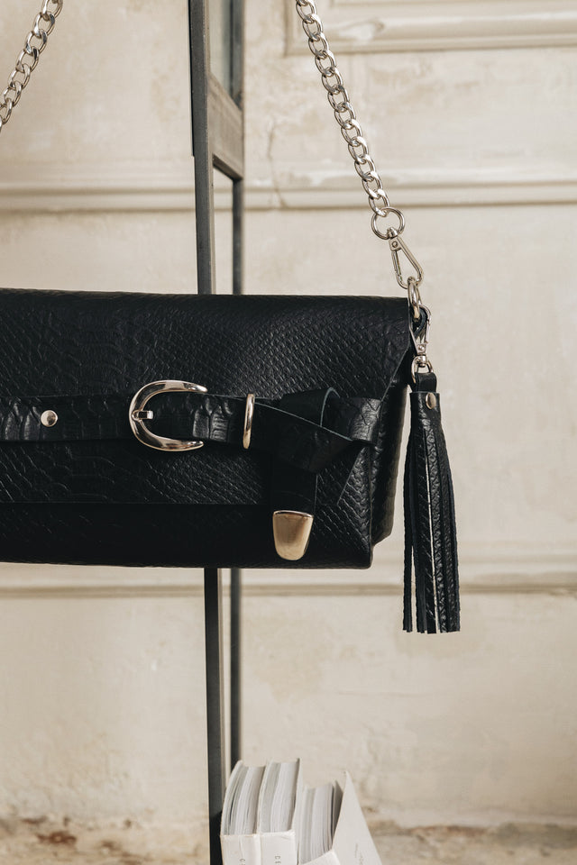"REGRET ME" BLACK NICKEL SHOULDER BAG
