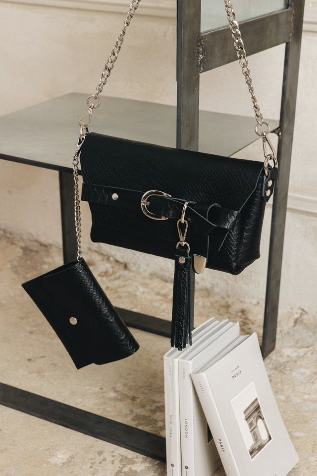 "REGRET ME" BLACK NICKEL SHOULDER BAG