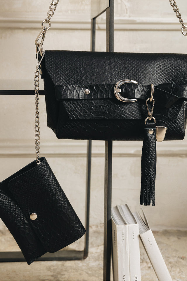 "REGRET ME" BLACK NICKEL SHOULDER BAG