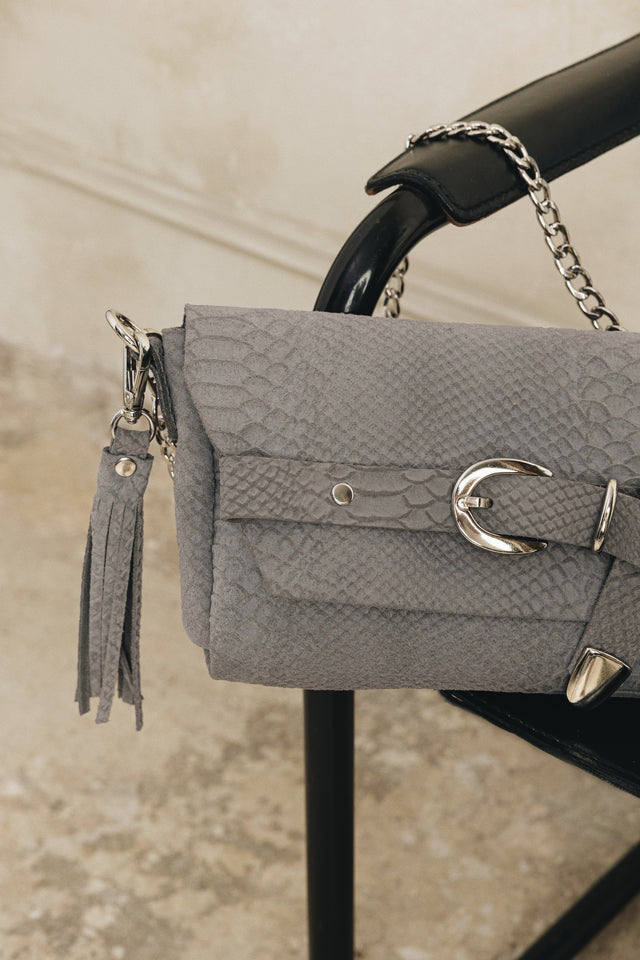 "REGRET ME" GREY SUEDE NICKEL SHOULDER BAG