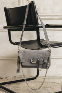 "REGRET ME" GREY SUEDE NICKEL SHOULDER BAG